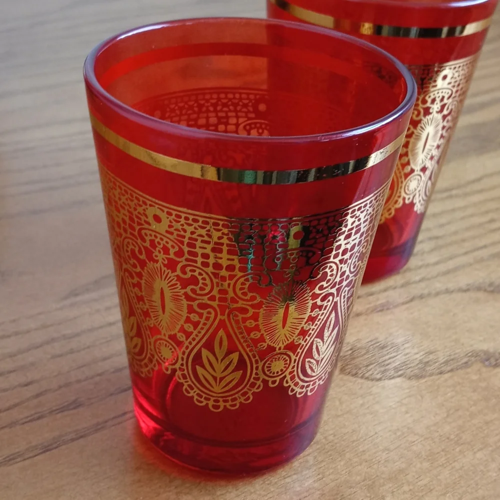Vintage Moroccan / Turkish Tea Glasses Red & Gold Embellished Design Set of 2